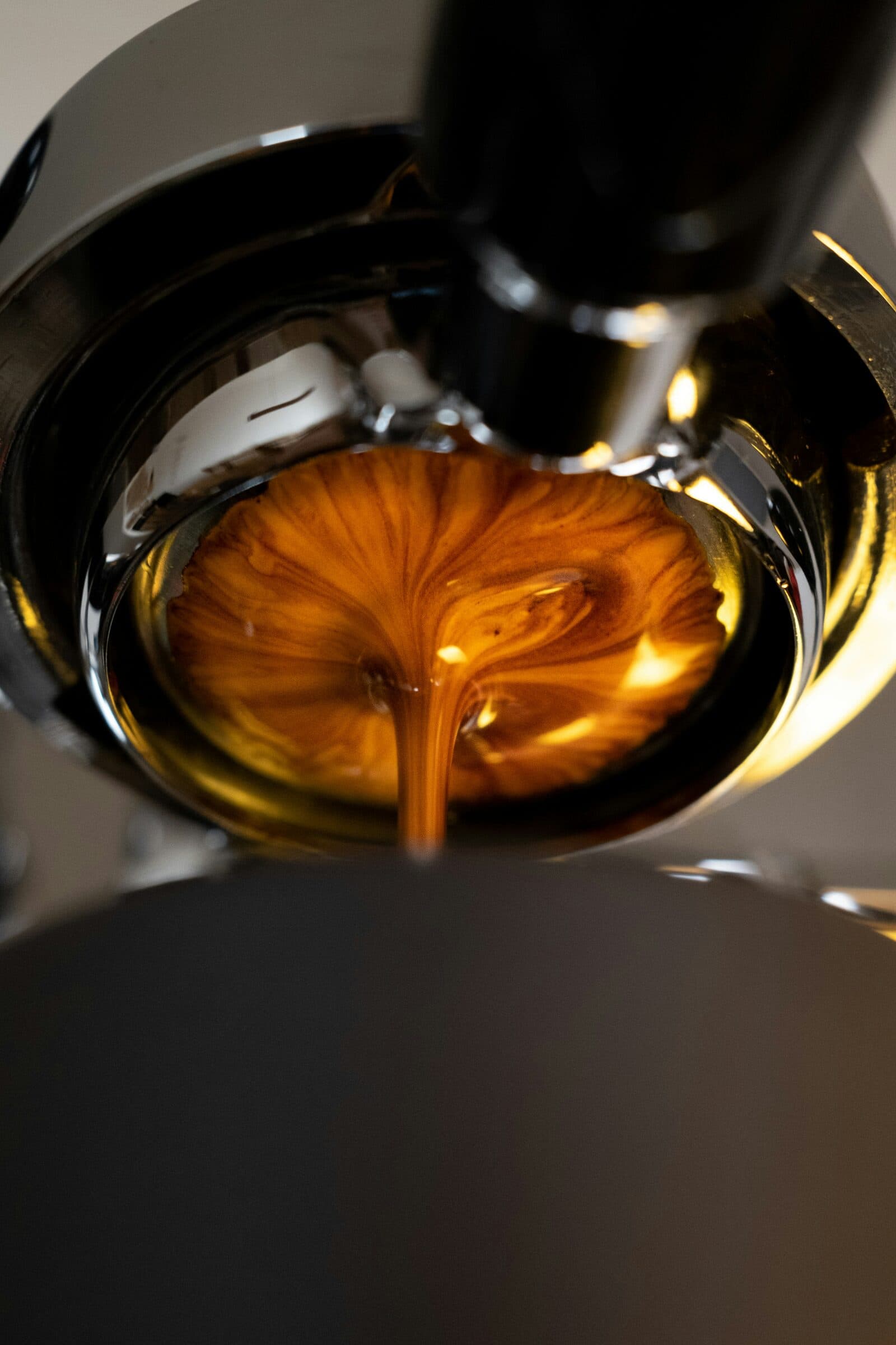 Espresso streams in a golden ribbon from a bottomless portafilter.