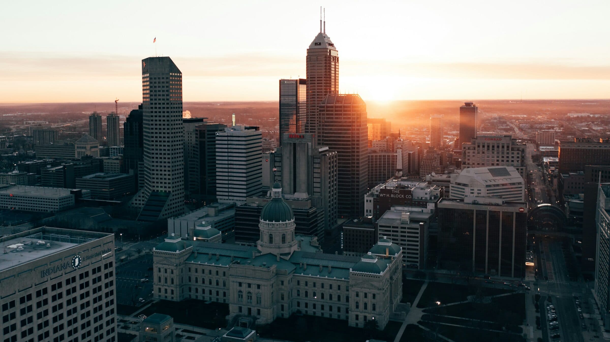 The Indianapolis skyline at golden hour.