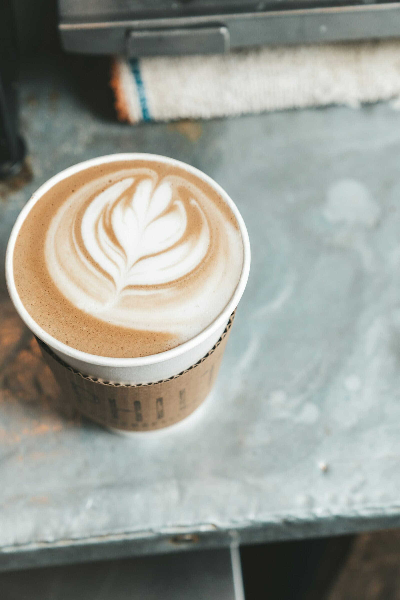 A latte with leaf latte art in a paper cup.