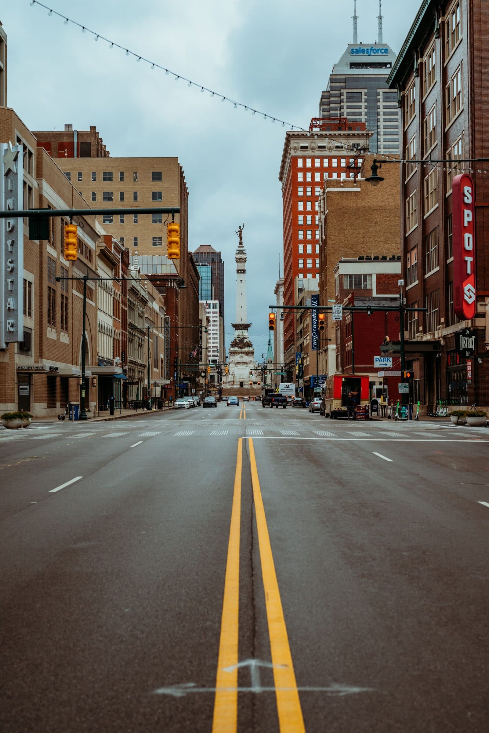 A downtown Indianapolis street leading to the Soldiers' and Sailors' Monument.